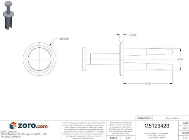 Alt view image 2 of 3 - ZORO SELECT 5675PK Push-In Rivet, Dome Head, 1/4 in Dia., 9/16 in L, Nylon
