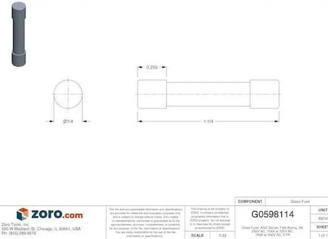 Alt view image 3 of 3 - EATON BUSSMANN AGC-3-R Glass Fuse, 3A, 10kA at 125V AC, 100A at 250V AC, 5 PK