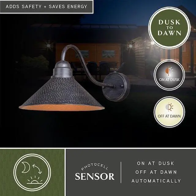 Alt view image 7 of 7 - VAXCEL T0351 Outland 1 Light Dusk to Dawn Black Gold Farmhouse Barn Dome