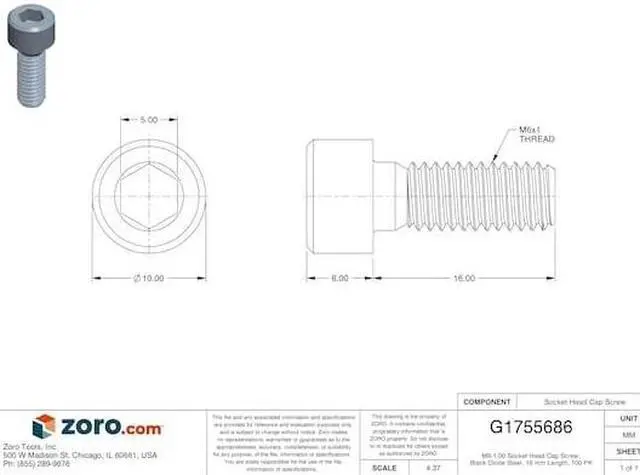 Alt view image 4 of 4 - ZORO SELECT M6C16KCS M6-1.00 Cylindrical Socket Head Cap Screw, 16 mm L, 100 PK