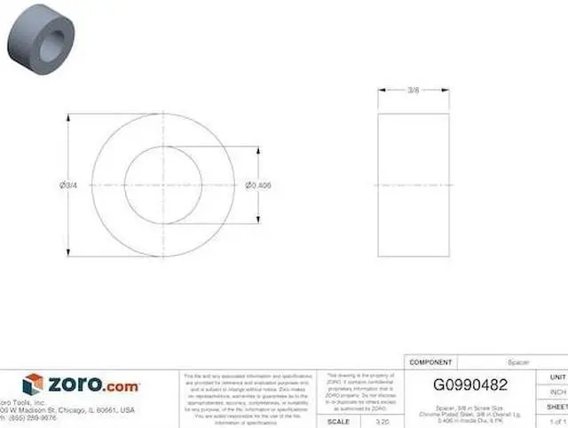 Alt view image 3 of 3 - ZORO SELECT MPB515 Spacer, 3/8 in Screw Size, Chrome Plated Steel, 3/8 in