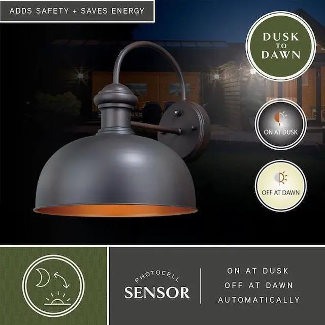 Alt view image 7 of 7 - VAXCEL T0347 Franklin 1 Light Dusk to Dawn Bronze Gold Farmhouse Barn Dome