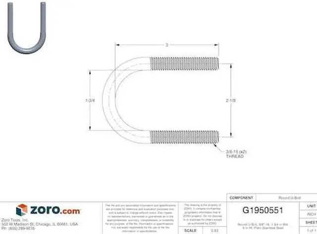 Alt view image 3 of 4 - CALBRITE S61200UB00 Round U-Bolt, 3/8"-16, 1 3/4 in W, 3 in H, Plain Stainless