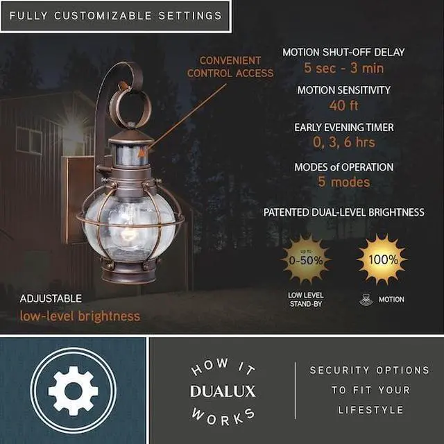 Alt view image 6 of 7 - VAXCEL T0326 Chatham Bronze Motion Sensor Dusk to Dawn Coastal Outdoor Wall