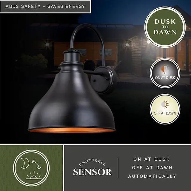 Alt view image 7 of 7 - VAXCEL T0319 Delano 1 Light Dusk to Dawn Bronze Gold Farmhouse Barn Dome