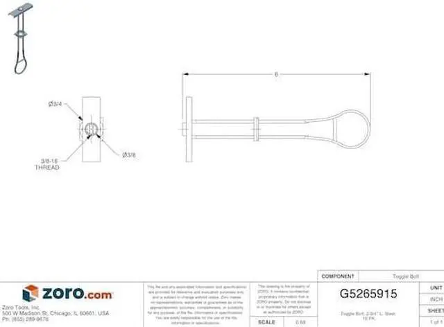 Alt view image 3 of 3 - ZORO SELECT U63266.037.0001 Toggle Bolt, 240 lb Tension Strength, 2-3/4"L,