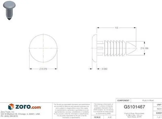 Alt view image 2 of 2 - ZORO SELECT JL-32PK Push-In Rivet, Dome Head, 0.188 in Dia., 1/2 in L, Nylon