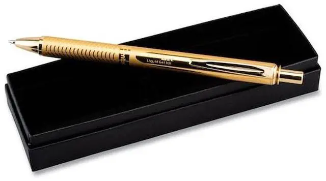Alt view image 18 of 18 - Pentel BL407XABX EnerGel Alloy Retractable Liquid Gel Pen, Gold Barrel, Black Ink, in Gift Box with Info Band