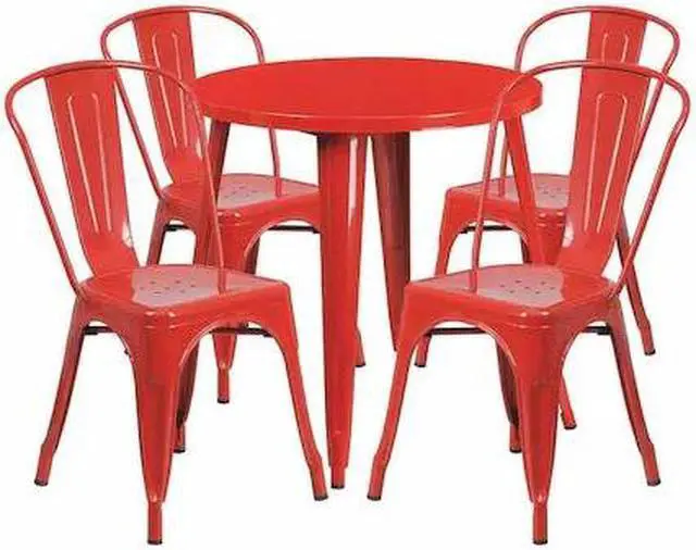 Alt view image 3 of 7 - 30'' Round Red Metal Indoor-Outdoor Table Set with 4 Cafe Chairs