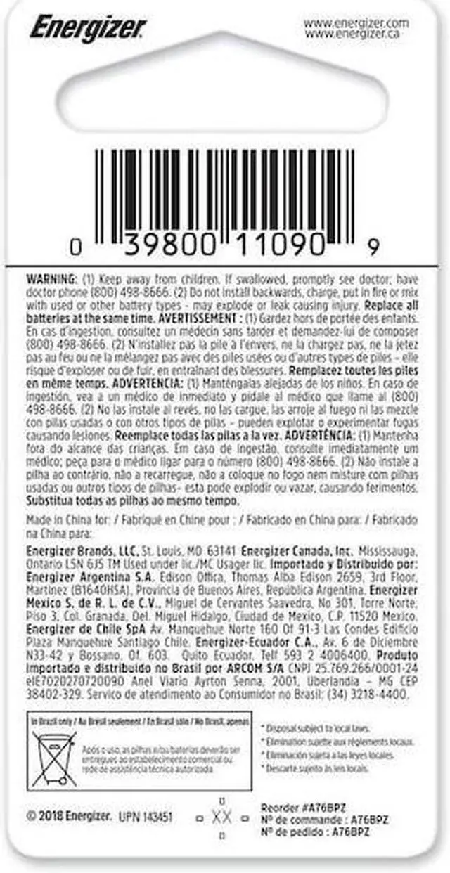 Alt view image 15 of 15 - Energizer 1.5V Watch/Elec Battery A76BPZ Unit: EACH