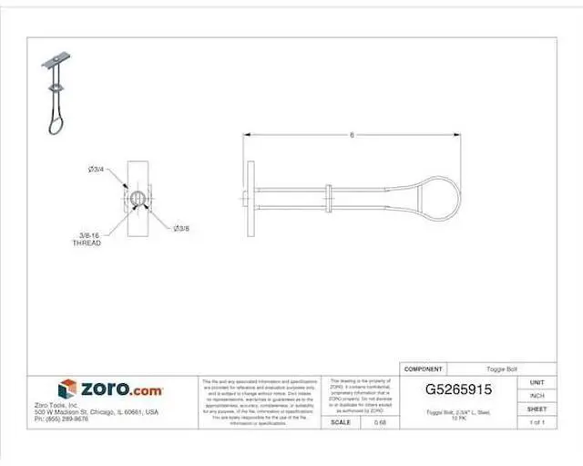 Alt view image 2 of 3 - ZORO SELECT U63266.037.0001 Toggle Bolt, 240 lb Tension Strength, 2-3/4"L,