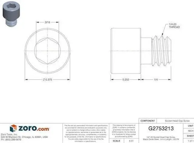 Alt view image 4 of 5 - ZORO SELECT 25C25KCS 1/4"-20 Cylindrical Socket Head Cap Screw, 1/4 in L, 100 PK