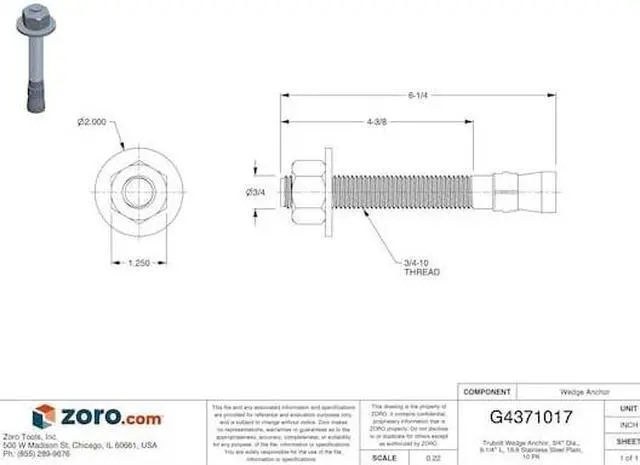 Alt view image 4 of 4 - RED HEAD WW-3462 Trubolt Wedge Anchor, 3/4" Dia., 6-1/4" L, 18-8 Stainless