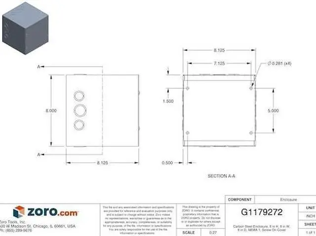 Alt view image 4 of 5 - 8"H x 8"W x 8"D Metallic Enclosure, Gray, Knockouts: Yes, Screws Closure Method