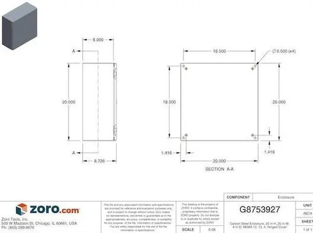 Alt view image 5 of 5 - Hoffman Wall-Mount Enclosure, NEMA 4/12, Steel, 20.00" x 20.00" x 8.00", Gray