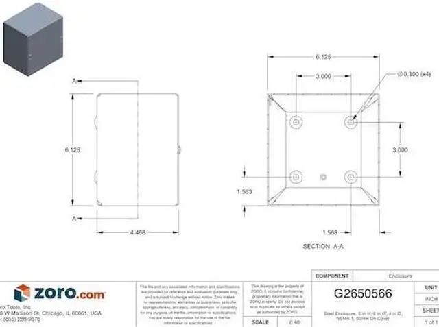 Alt view image 3 of 3 - 6"H x 6"W x 4"D Metallic Enclosure, Silver, Knockouts: No, Screws Closure Method