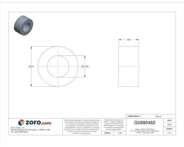 Alt view image 2 of 3 - ZORO SELECT MPB515 Spacer, 3/8 in Screw Size, Chrome Plated Steel, 3/8 in