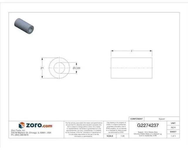 Alt view image 2 of 3 - ZORO SELECT MPB1381 Spacer, 1/2 in Screw Size, Chrome Plated Steel, 2 in