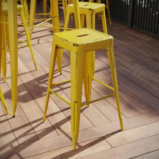 Alt view image 2 of 14 - Flash Furniture Commercial Grade 30" High Backless Distressed Yellow Metal Indoor-Outdoor Barstool 4 Pack (4ETBT350330YL)