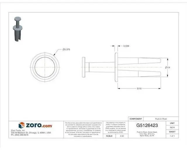 Alt view image 3 of 3 - ZORO SELECT 5675PK Push-In Rivet, Dome Head, 1/4 in Dia., 9/16 in L, Nylon