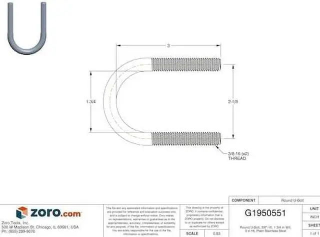 Alt view image 4 of 4 - CALBRITE S61200UB00 Round U-Bolt, 3/8"-16, 1 3/4 in W, 3 in H, Plain Stainless