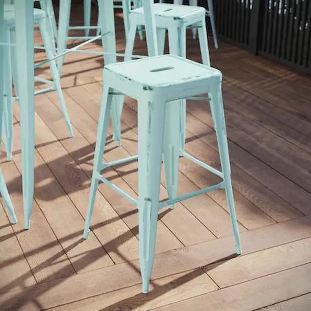 Alt view image 8 of 14 - Flash Furniture Commercial Grade 30" High Backless Distressed Green-Blue Metal Indoor-Outdoor Barstool 4 Pack (4ETBT350330DB)