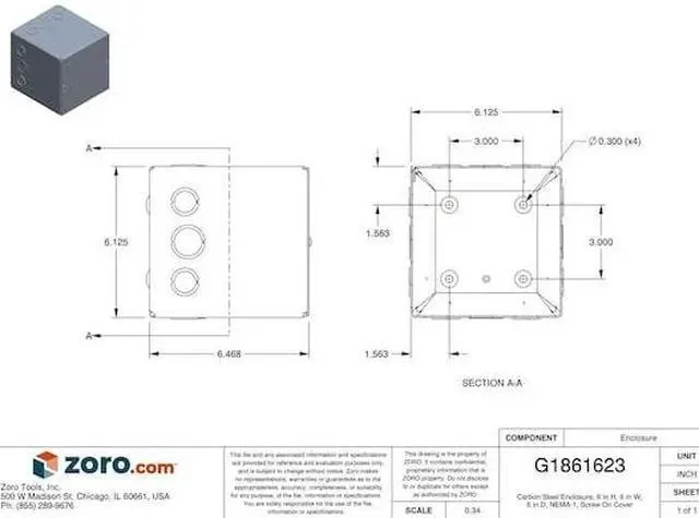 Alt view image 3 of 3 - 6"H x 6"W x 6"D Metallic Enclosure, Gray, Knockouts: Yes, Screws Closure Method