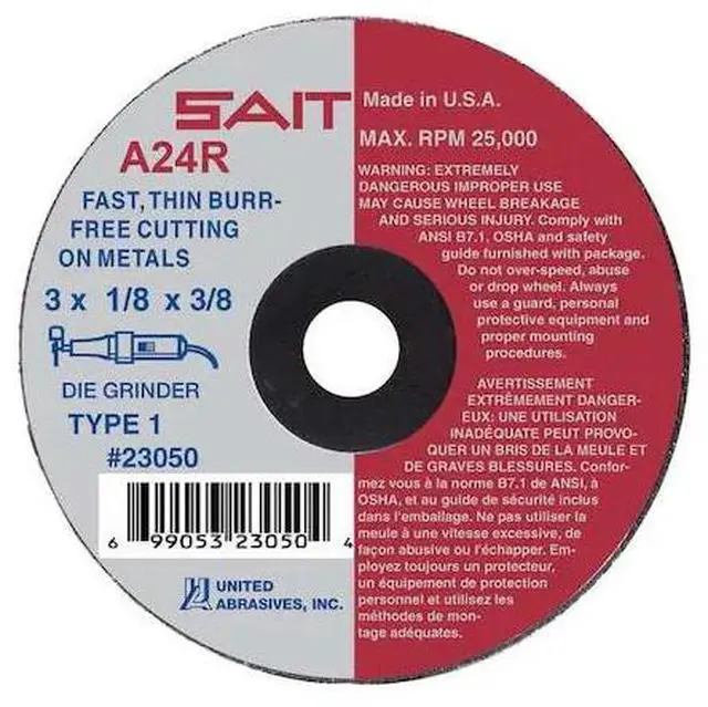 Main image of UNITED ABRASIVES-SAIT 23060 CutOff Wheel,A24R,3"x.125"x3/8",20372rpm