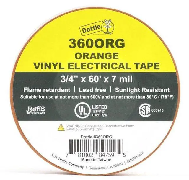 Alt view image 2 of 2 - DOTTIE 360ORG L.H. Dottie 3/4'' x 60' Orange Electrical Tape, 10PK