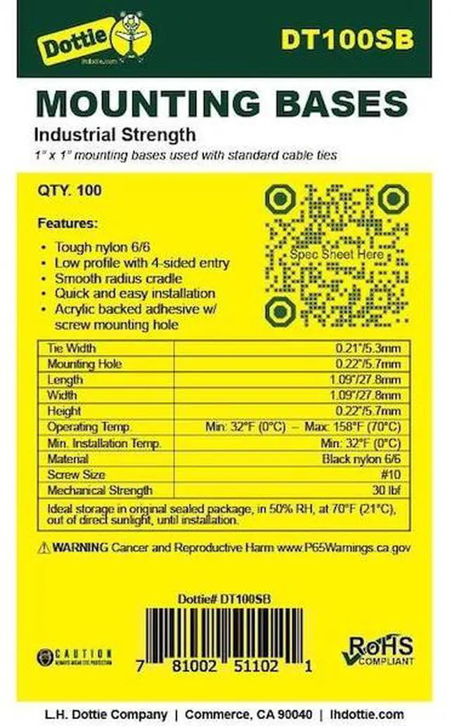 Alt view image 2 of 2 - DOTTIE DT100SB L.H. Dottie 1'' X 1'' UV Black Cable Tie Mounting Base, 100PK