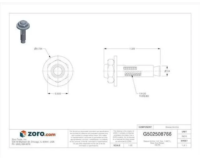 Alt view image 2 of 2 - MIDWEST FASTENER 04150 Sleeve Anchor, 1/4" Dia., 1-3/8" L, Steel Zinc Plated,