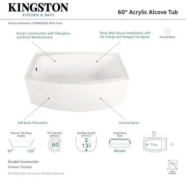 Alt view image 2 of 2 - AQUA EDEN VTDR603222L Alcove Bathtubs, 60 L, 37 W, White, Acrylic