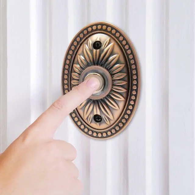 Alt view image 4 of 4 - iq america dp1230a over-sized wired antique copper bronze plated surface mounted traditional lighted doorbell pushbutton chrome push button with acrylic ring