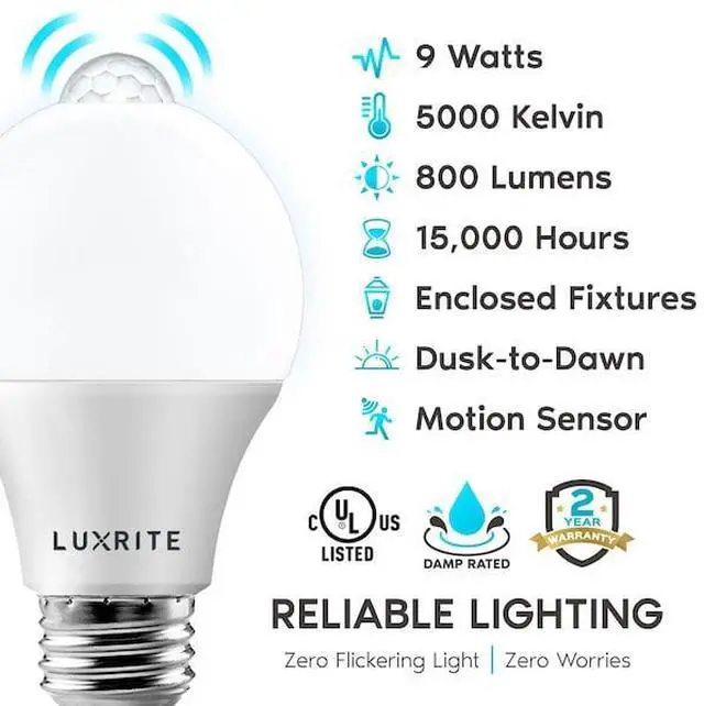 Alt view image 4 of 4 - LUXRITE LR21483-2PK A19 LED Light Bulbs Dusk to Dawn Motion Sensor 9W=60W 800LM