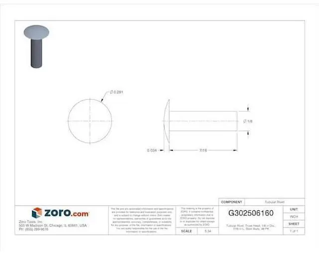 Alt view image 2 of 3 - MIDWEST FASTENER 61867 Tubular Rivet, Truss Head, 1/8 in Dia., 7/16 in L, Steel