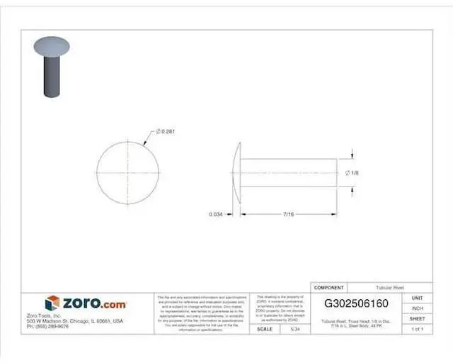 Alt view image 3 of 3 - MIDWEST FASTENER 61867 Tubular Rivet, Truss Head, 1/8 in Dia., 7/16 in L, Steel