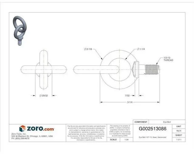 Alt view image 3 of 3 - MIDWEST FASTENER 54614 Eye Bolt 1/2"-13, Steel, Galvanized