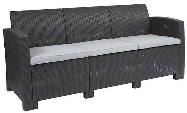 Alt view image 20 of 20 - Dark Gray Faux Rattan Sofa with All-Weather Light Gray Cushions