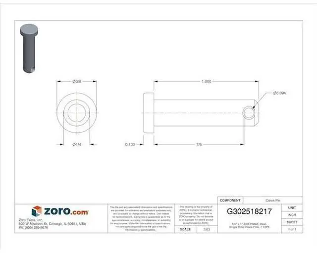 Alt view image 3 of 3 - MIDWEST FASTENER 34711 1/4" x 1" Zinc Plated Steel Single Hole Clevis Pins 1