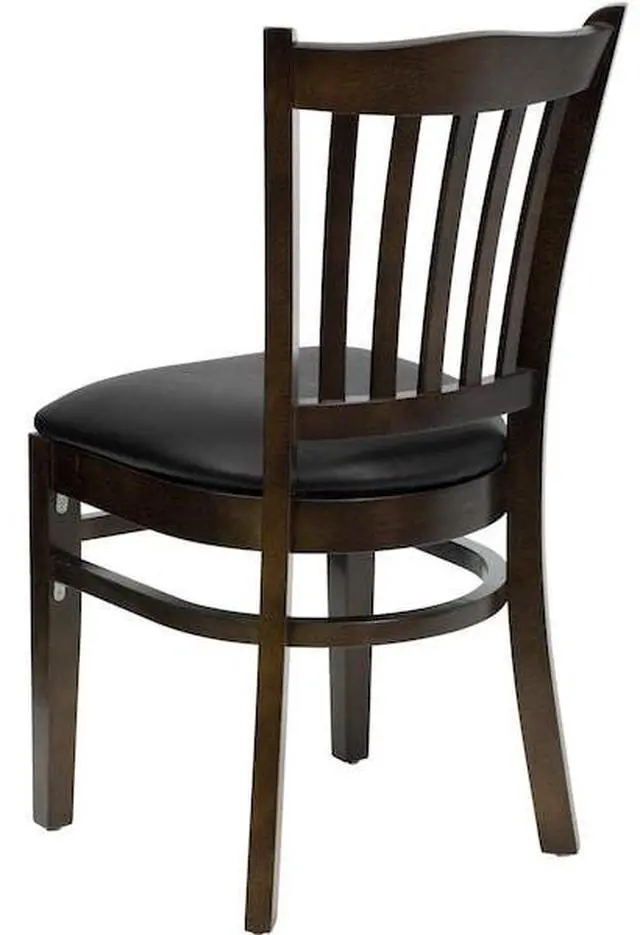 Alt view image 17 of 17 - Flash Furniture XU-DGW0008VRT-WAL-BLKV-GG Hercules Series Walnut Finished Vertical Slat Back Wooden Restaurant Chair with Black Vinyl Seat