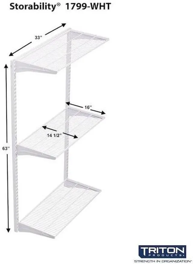 Alt view image 2 of 7 - TRITON PRODUCTS 1799-WHT Wall Mount Shelving Unit W/ 3 Steel Wire Shelves &