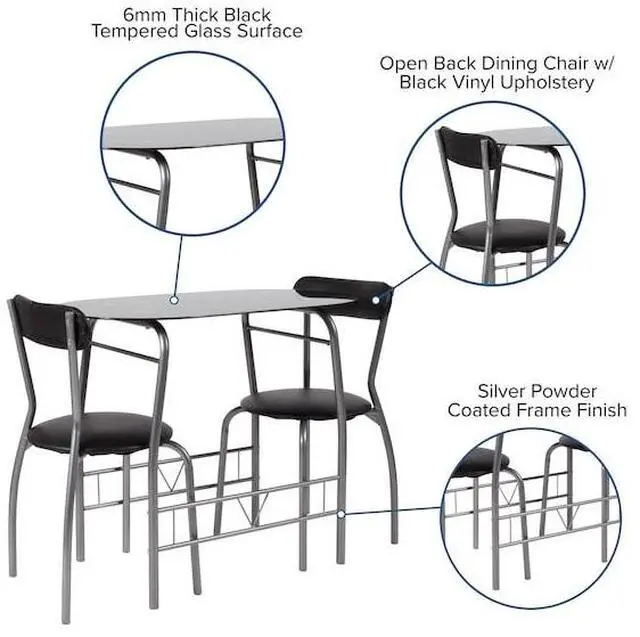 Alt view image 6 of 12 - Sutton 3 Piece Space-Saver Bistro Set with Black Glass Top Table and Black Vinyl Padded Chairs