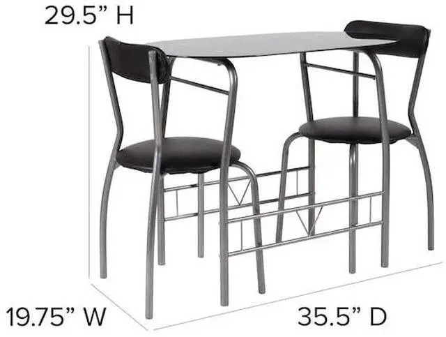 Alt view image 2 of 12 - Sutton 3 Piece Space-Saver Bistro Set with Black Glass Top Table and Black Vinyl Padded Chairs