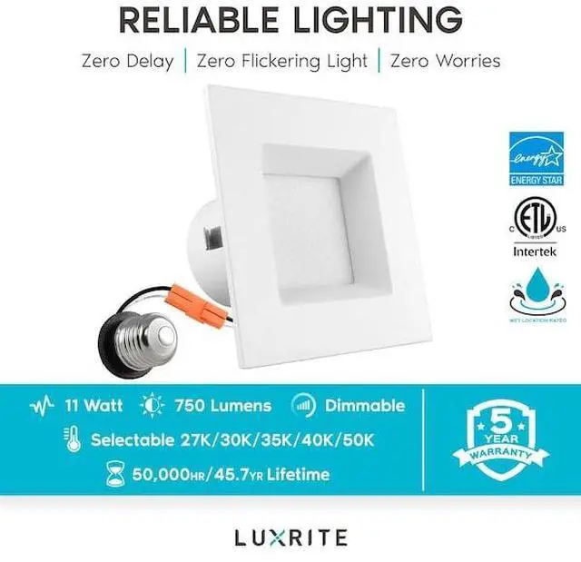 Alt view image 7 of 7 - LUXRITE LR23785-6PK 4 Inch Square LED Recessed Can Lights 5 CCT Selectable