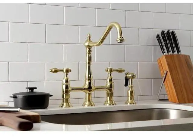 Alt view image 5 of 7 - KINGSTON BRASS KS1277TALBS Bridge Kitchen Faucet with Brass Sprayer, Brushed
