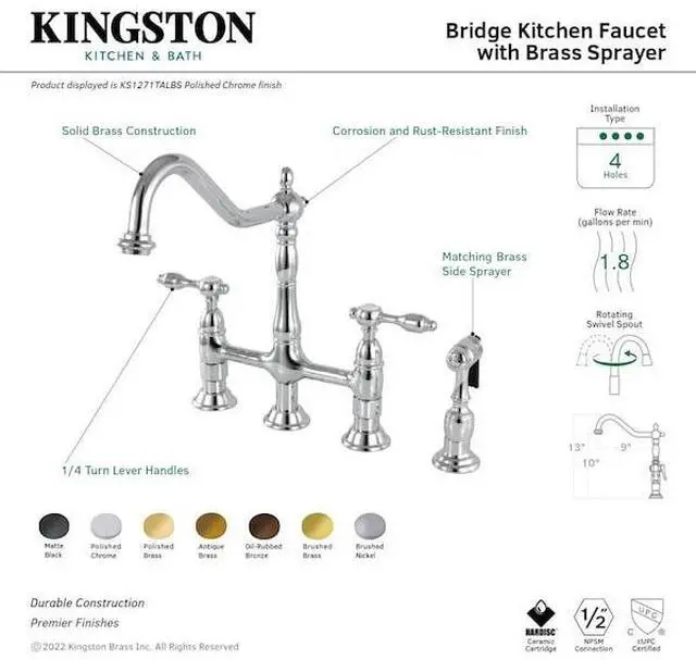 Alt view image 3 of 7 - KINGSTON BRASS KS1277TALBS Bridge Kitchen Faucet with Brass Sprayer, Brushed