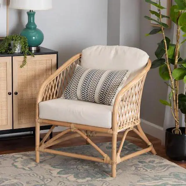 Alt view image 7 of 13 - Baxton Studio Patsy Modern Bohemian White Fabric and Natural Brown Rattan Armchair