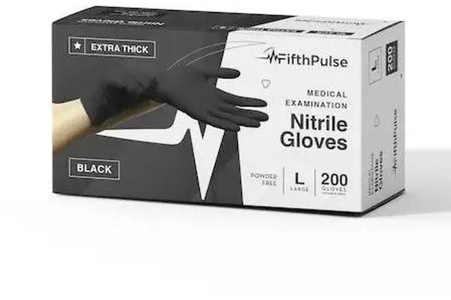 Alt view image 3 of 8 - Fifth Pulse Nitrile Exam Latex Free & Powder Free THICKER Gloves - Black (4 mil) - Box of 200 Gloves (Large)