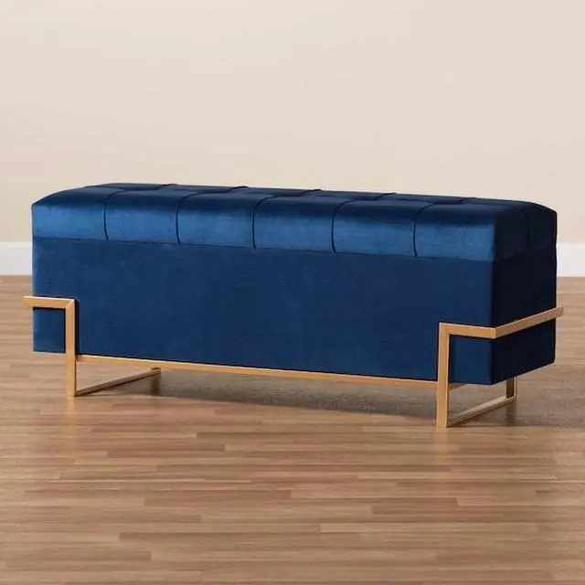 Alt view image 16 of 20 - Baxton Studio Parker Glam and Luxe Navy Blue Velvet Upholstered and Gold Metal Finished Storage Ottoman