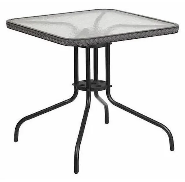 Main image of 28'' Square Tempered Glass Metal Table with Gray Rattan Edging